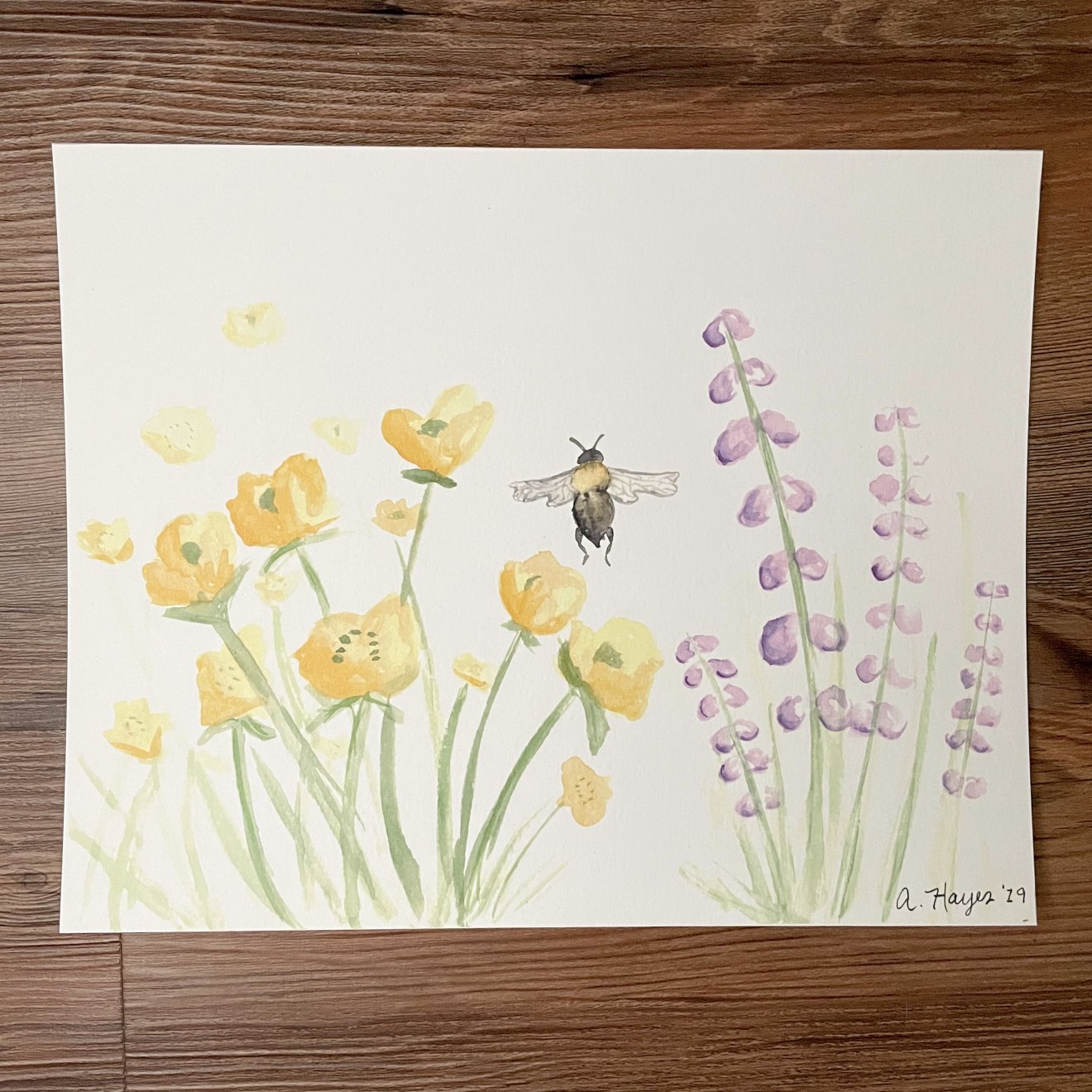 Bee Among Flowers 8"x10" Watercolor Print